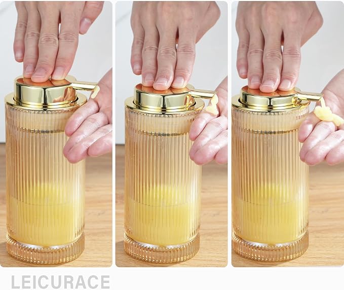 Glass Liquid Soap Dispenser, Refillable Liquid Dispenser with Gold Pump, Hand Soap Dispenser for Bathroom Kitchen, Modern Home Bathroom Kitchen Decor （Liquid Type/Clear）