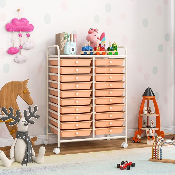 DREAMADE Rolling Cart with Storage Drawers, Utility Cart w/Removable Plastic Drawers, Lockable Wheels, Art Cart for Classroom Organization Art Supplies Office Scrapbook (20 Drawers, Peach)