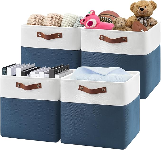 Patvingot Fabric Storage Cubes 13", 4 Pack, with PU Pull Handles,Foldable | For accessories on cube shelves or in closets; reinforced opening, pull-out access, folds flat when empty,white and blue