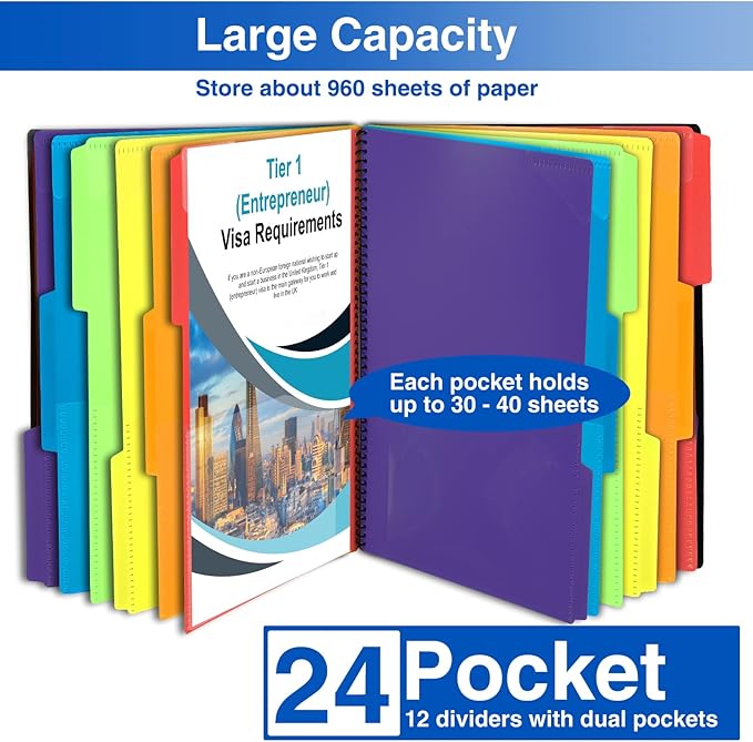 Forvencer 24 Pocket Project Organizer, 1/3-cut Tab Binder Organizer with Sticky Labels, Multi Pocket Folder with Zipper Pouch, Folder Binder Spiral Pocket Notebook, Office Supplies, Letter Size, Black