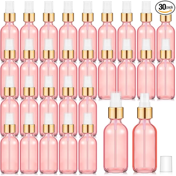 Roshtia 30 Pcs Glass Spray Bottle Clear Empty Bottles Small Refillable Reusable Perfume Bottle with Fine Mist Sprayer Pump for Face Body Travel(2 oz,Rose Gold with Gold Lid)
