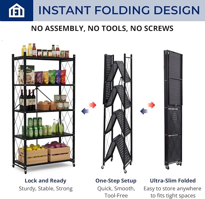 5 Tier Foldable Storage Shelf with Wheels, Heavy-Duty Metal Shelving Unit, No Assembly Book Shelf Rolling Storage Rack for Garage, Kitchen, Pantry, Closet, Exhibition, Office Decor, Black