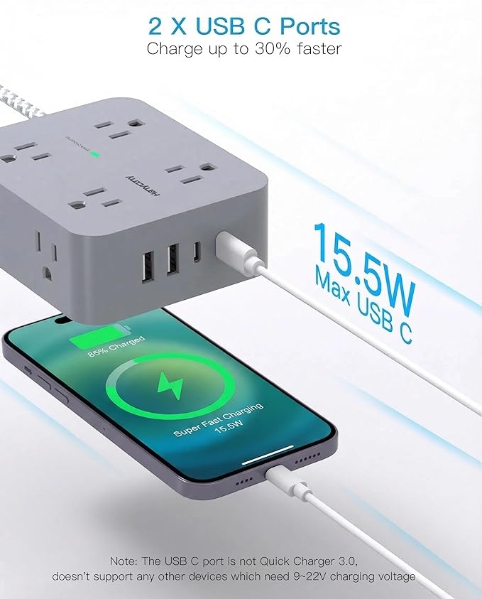 Surge Protector Power Strip - HANYCONY 8 Outlets 4 USB (2 USB C) Charging Ports, Multi Plug Outlet Extender, 5Ft Braided Extension Cord, Flat Plug Wall Mount Desk Charging Station for Home Office ETL