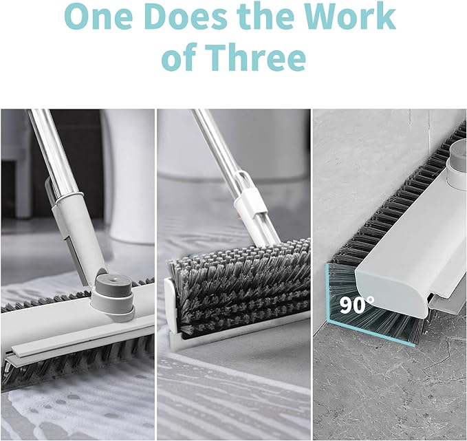 Floor Scrub Brush with Long Handle, 3 in 1 Scrape and Heavy-Duty Stiff Bristle Scrubber Brush Broom for Cleaning Shower Bathroom, Patio, Pool, Garage, Kitchen, Wall and Deck (White, 1 Pack)
