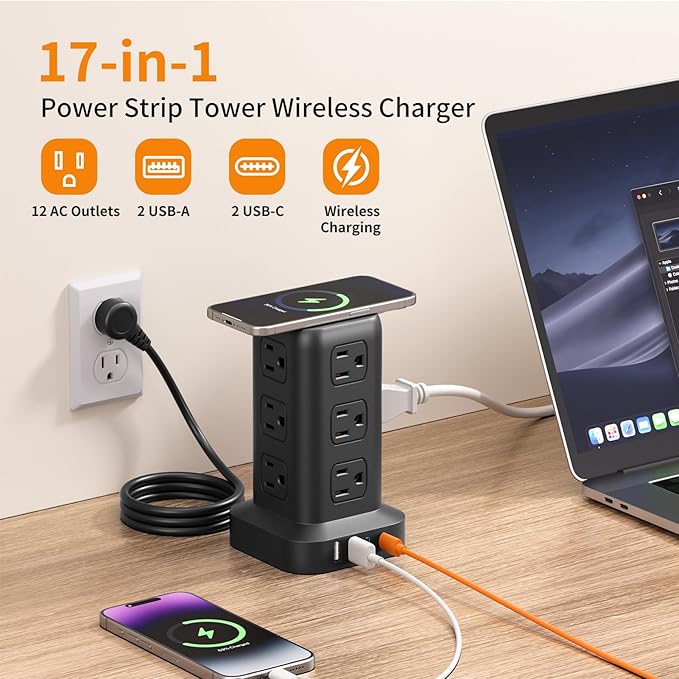 Extension Cord with Multiple Outlets, SMALLRT Surge Protector Power Strip Tower, Outlet Extender with 12 AC Outlets 4 USB, 6.5FT Extension Cord for Home Dorm Room, Office Supplies,Overload Protection