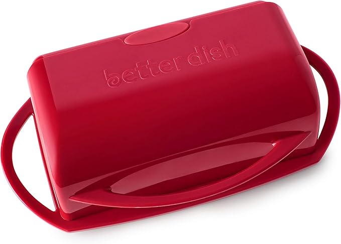 Better Dish Flip Top Butter Dish with Attached Lid - Holds 2 Sticks, Fits Kerrygold/European Butter - BPA Free & Dishwasher Safe - Red