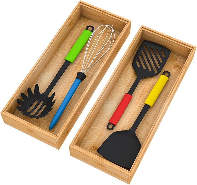 Bamboo Kitchen Drawer Organizer 15"x 6", Wooden Stackable Silverware Tray | Utensil Organizer Cutlery Holder for Kitchen, Wooden Storage Box for Bathroom, Multi-Use Storage Bins Dividers for Office