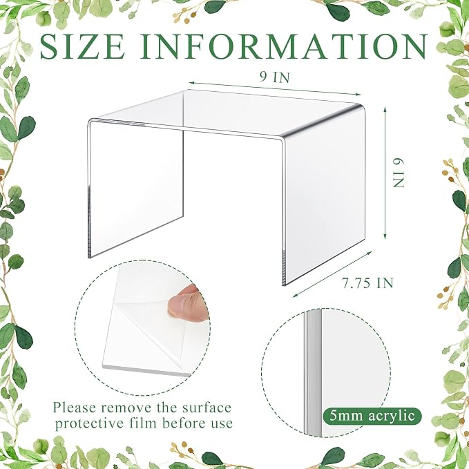 RattanView 2 Pcs 9 Inch Large Acrylic Risers Display Stands 5 mm Thick Acrylic Shelf Riser Showcase for Collectibles Jewelry Cupcakes Food Figures Perfume Cabinet (Clear)