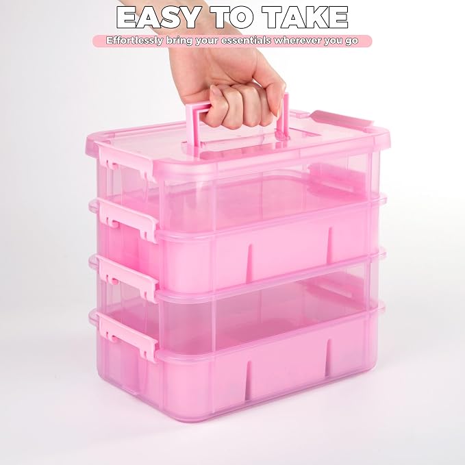 CraftGenes Art Supply Storage Organizer, 4-Tier 10 Qt Box, 2 Trays, Pink | Clear Compartments; Dual Removable Inserts; Carry Handle; Side Latches; Markers, Crayons, Brushes, Jewelry, Accessories
