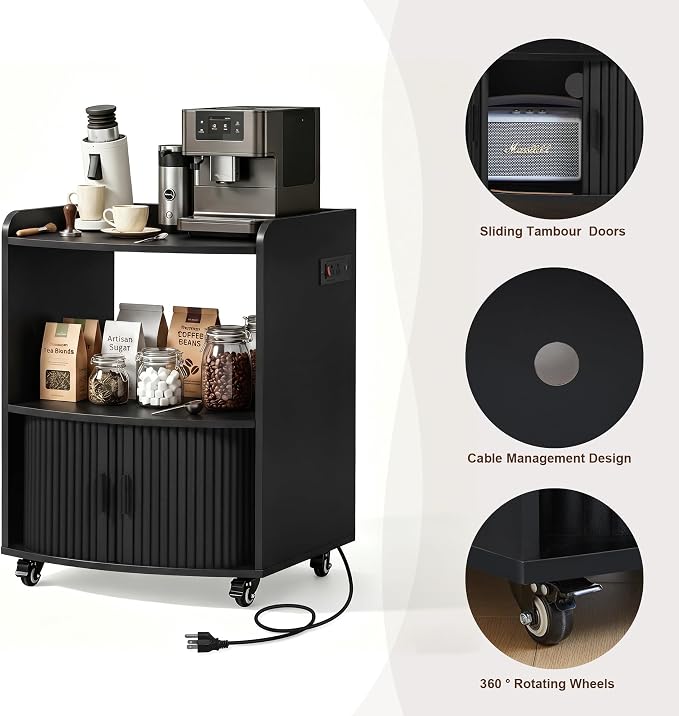 Bifins Coffee Bar Cart for Home, 3 Tier Rolling Serving Carts with Wheels | Coffee Cart with Removable Metal Brackets and Sliding Doors,Mobile Liquor Sideboard Cabinet for Home Bar, Kitchen