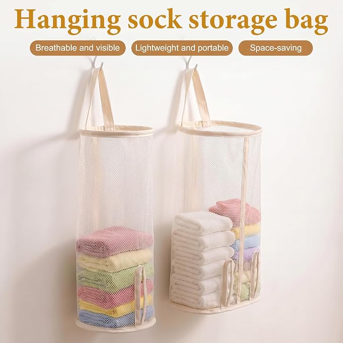 Grevosea 2 Pcs Hanging Sock Storage Bag, Wall Mount Closet Organizer for Socks Underwear Ties Scarves, Plastic Bag Holder for Kitchen Pantyhose Bra Laundry Room