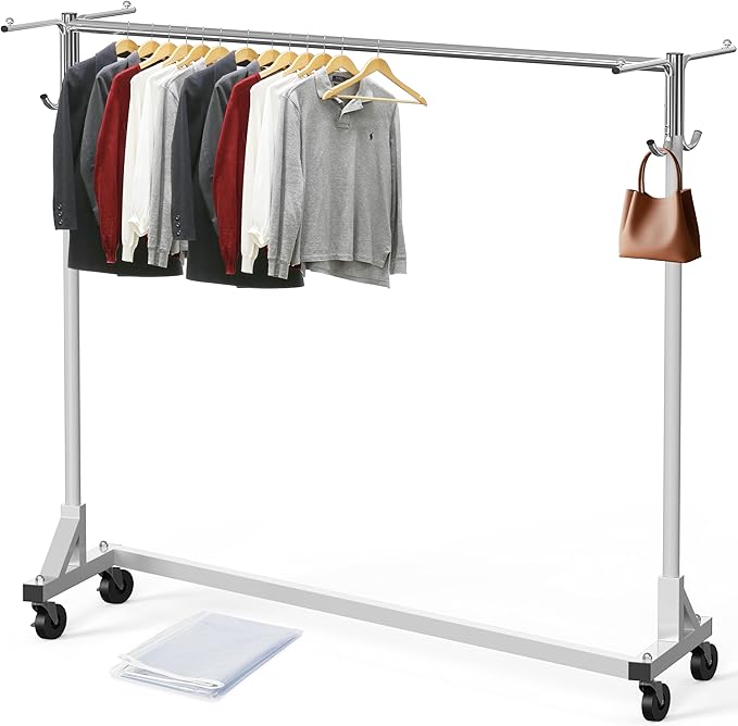 Simple Houseware Industrial Grade Z-Base Garment Rack w/Cover Tube Bracket | 500Lb Load with 62" Extra Long Bar, Clear Cover