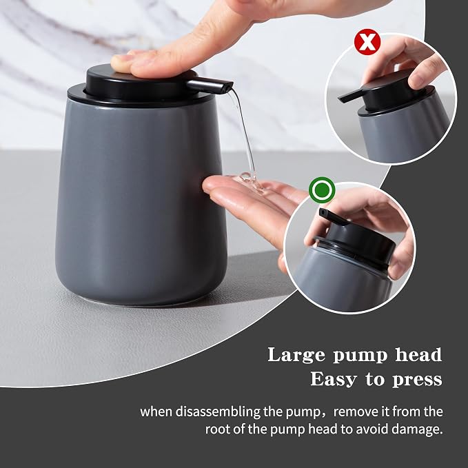 Enra Grey Soap Dispenser,12 oz Ceramic Hand Lotion Dispenser, Refillable Dish Soap Dispenser,Modern Liquid Soap Dispenser for Bathroom,Kitchen with Easy-to-Press Pump (Liquid-Gray)