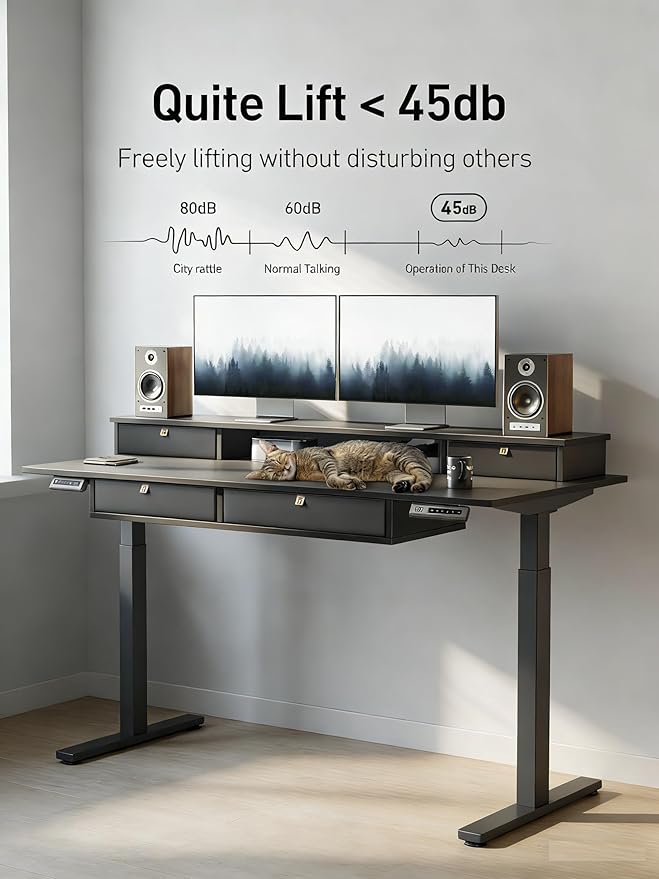 CubiCubi 55" x 30" Standing Desk with Drawers, Height Adjustable Electric Workstation, Computer Sit Stand Up Table with Large Storage Shelf 4 Drawers and 2 Hooks, Black