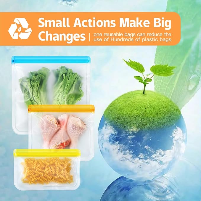 10 Pack Dishwasher Safe Reusable Bags, Silicone, Leakproof, BPA Free, Reusable Food Storage Bags for Lunch, Marinate, Freeze, Travel (Grey) - 3 Gallon, 3 Snack, 4 Sandwich