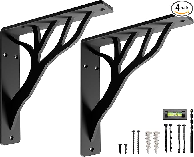 Rustic Tree Black Heavy Duty Shelf Brackets 8 inch by Balin Designs, Decorative L Brackets for Shelves, Metal Fireplace Mantel Large Shelf Bracket, Shelving Bracket, Included Hardware, Set of 2
