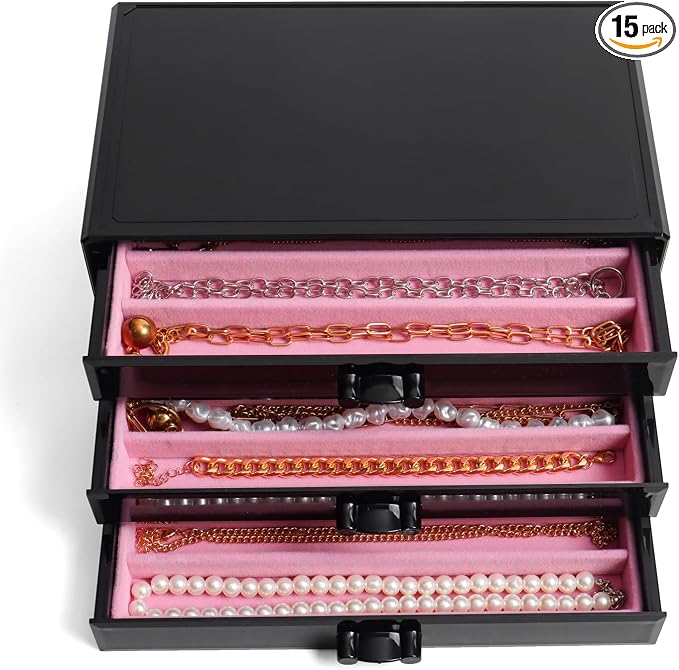 YUFONG Necklace Holder Organizer, Dustproof Necklace Box Velvet Necklace Organizer Box with Lid Clear Acrylic Dustproof Stackable Jewelry Displays for Necklaces Chain Display (Black Pink, 3 Drawer)