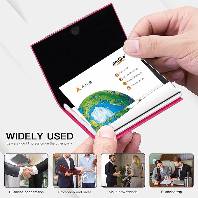 Padike Business Card Holder, Business Card Case Professional PU Leather & Stainless Steel Multi Card Case,Business Card Holder Wallet Credit Card ID Case/Holder for Men & Women. (Rose red)