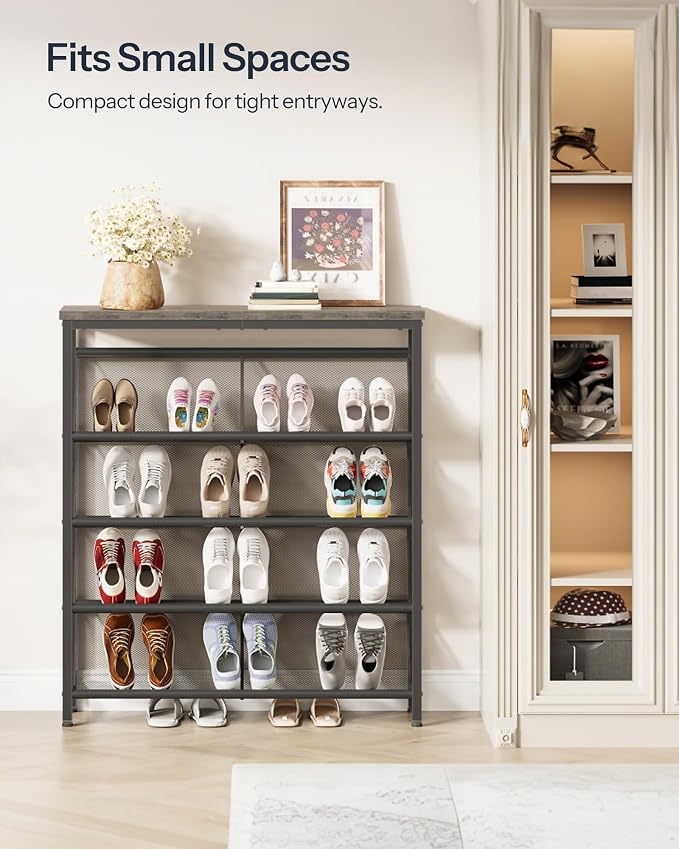 CHOEZON Shoe Rack, 5-Tier Slanted Shoe Storage Shelf, Narrow Shoe Rack for Entryway, Shoe Organizer with Adjustable Feet, Slim Shoe Shelf with Wooden Top and Metal Frame, Greige and Black TXJ02BG