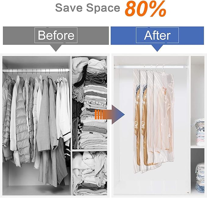 Flintronic Hanging Vacuum Storage Bags, 4pcs(2 Long 135x70CM & 2 Short 110x70CM) Vacuum Compression Zipper Storage Bags, with Electric Pump, for Clothes, Suits, Dresses, Coats or Jackets