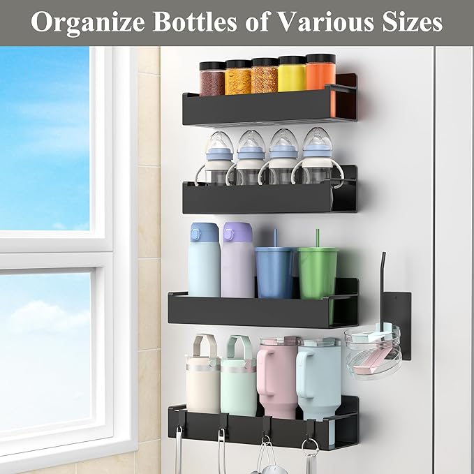 HuggieGems Magnetic Water Bottle Holder for Refrigerator, Cup Holder Organizer for Stanley and Tumbler for Kitchen, 4 Pack, Black | Quality Material, Ideal for Owala, Stanley, Yeti, HydroJug, Easy to Remove