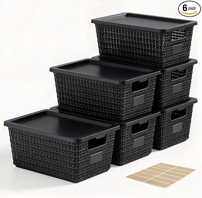 Storage Bins with Lids | Plastic Storage Baskets with Lids for Office Organization,Stackable Organizing Bins with Latching Design, Easy-Clean Boxes for Home, Office, Toys & Classroom Supplies, 6 packs