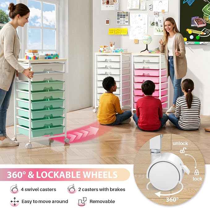 Goovilla Rolling Cart with Drawers, Utility Cart Organizer with 8 Removable Drawers and Wooden Tabletop, Lockable Rolling Storage Organizer for Art, Classroom, Home, Dorm, Office, Craft Storage, Pink