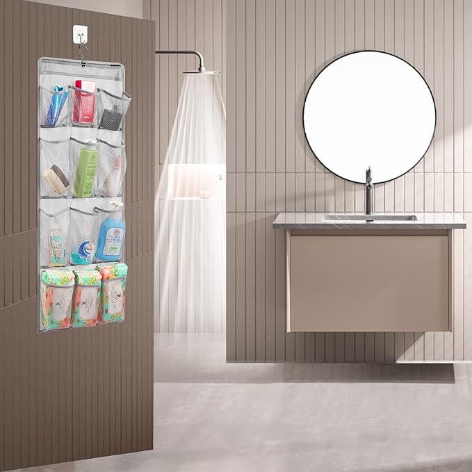 Mesh Shower Organizer Hanging Caddy Quick Dry Bathroom Storage for Toiletry Accessories with Rotating Hanger (12 Pockets)