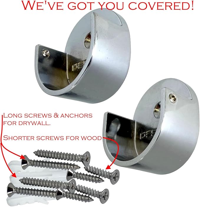 Closet Rod Support Flanges with Screw On Attachment | Heavy Duty Clothes Pole End Sockets for Wardrobes |Polished Chrome | 2 Pair