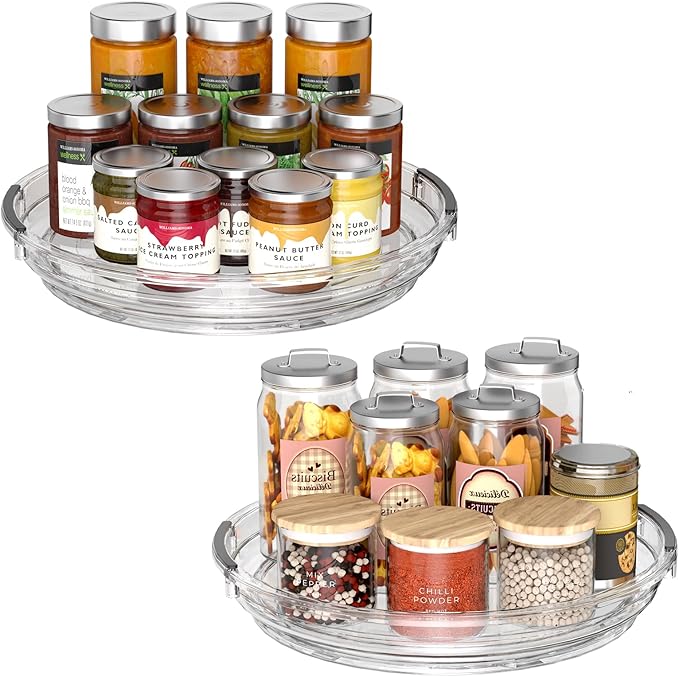 Lazy Susan 2 Pack, 9 Inch Clear Turntable for Kitchen Cabinet, Rotating Spice Rack, Pantry Organizer and Storage, Bathroom Countertop Organizing for Makeup Vanity