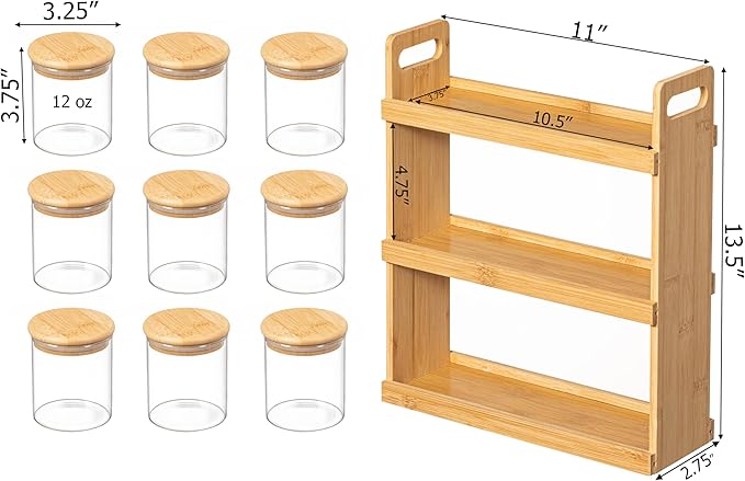 Basicwise Versatile 3-Tier Bamboo Spice Rack and Pantry Organizer with 9 Glass Jars – Perfect for Countertop Storage in Kitchens to Keep Seasoning Containers Neatly Displayed and Easily Accessible