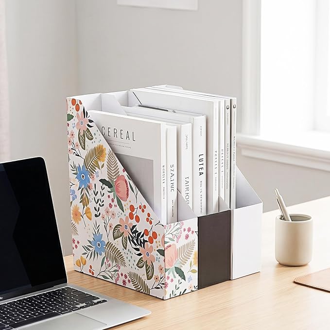 Rempry 12 Pack Magazine File Holders White, Foldable Cardboard Document Organizer Boxes with Labels, Space-Saving Storage for Office, Home, School (9.9"x3.3"x12")