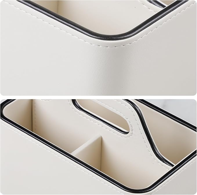 PU Leather Remote Control Holder, Desk Caddy Organizer with Handle Beige | 3 Compartments Portable Remote Organizer, Remote Caddy Bedside Holder for Office Storage Supply Organizer