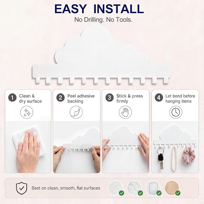 Hicarer 2 Pack White Cloud Necklace Holder Wall Mount with 24 Hooks Adhesive Metal Jewelry Organizer Nursery Wall Decor Kids Room Storage for Earrings Bracelets Rings Keys