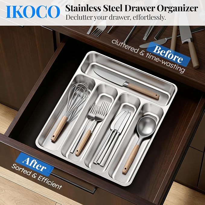 IKOCO 2-Pack Silverware Organizer, Stainless Steel, Dishwasher Safe | Each: 13.8" x 11.4" x 1.6", Rust-Resistant & Non-Absorbent, 5-compartment, Holds Spoons/Forks/Knives, Fits Standard Drawers