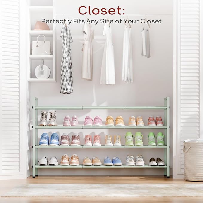Bumusty 4-Tier Long Expandable Shoe Rack for Closet, 18"-44" Adjustable Shoe Rack for Entryway, 20-24 Pairs Large Shoe Organizer Shelf Storage, Sturdy Metal, Green