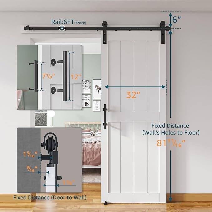 32''x 80'' Sliding Barn Door with 6.6 Ft Barn Door Hardware Kit | Pre-Drilled Holes Easy Assembly - Include Installation Manual, Water-Proof PVC Surface, H-Frame, White