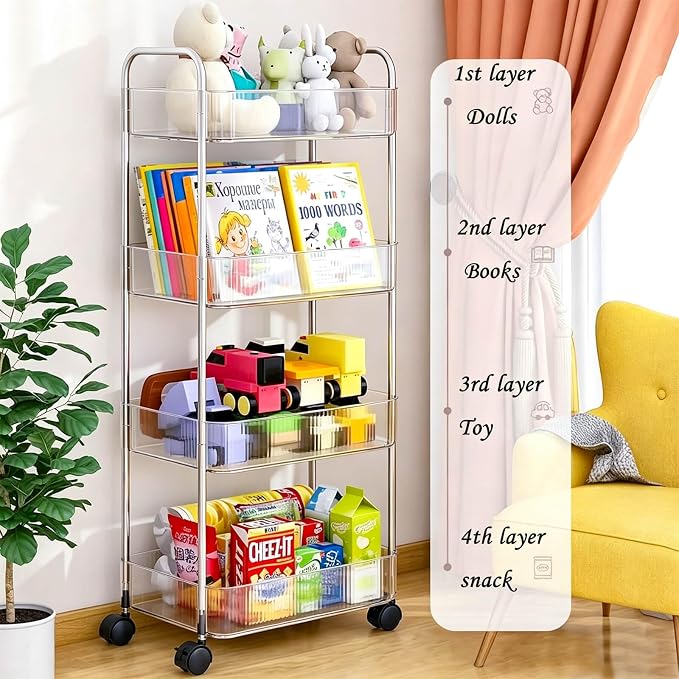 4-Tier Clear Utility Rolling Cart with Wheels for Kitchen & Bathroom | Lightweight-usage, Easy assembly, Multifunctional storage organizer, Clear, 7.9”W * 13”L * 35.8”H