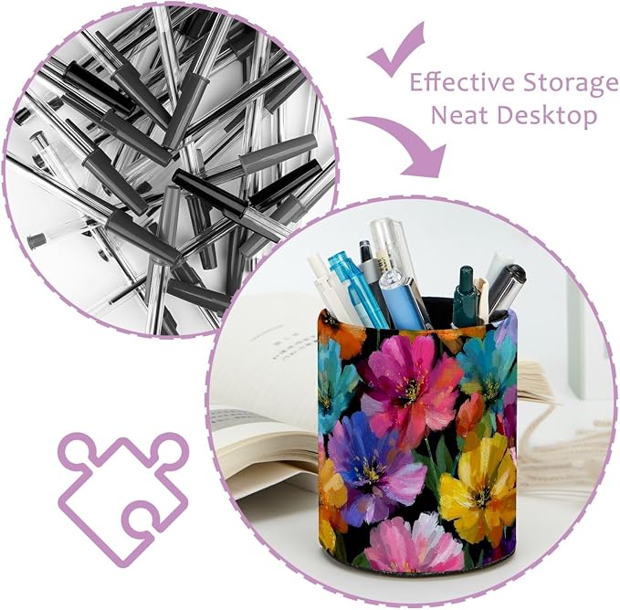 Leather Pen Holder for Desk, Oil Painting Flower Pencil Cup Pen Organizer Makeup Brush Holder for Office Home Kids Countertop Desk Accessory Storage