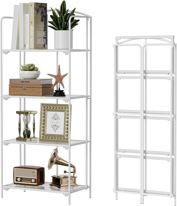 Crofy 4-Tier Foldable Bookshelf, White Frame & Transparent Shelves | No-Assembly Collapsible Portable Storage Organizer; Sturdy Transparent Shelves; Ideal for Living Room & Home Office
