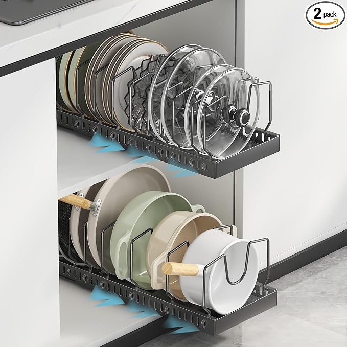 Pull Out Pot Lid Organizer, Cabinet Pan Rack, 10 Dividers | 2-pack black carbon steel rack, 16 adjustable dividers, quiet slide rails, adhesive or screw mount for lids, pans, bakeware