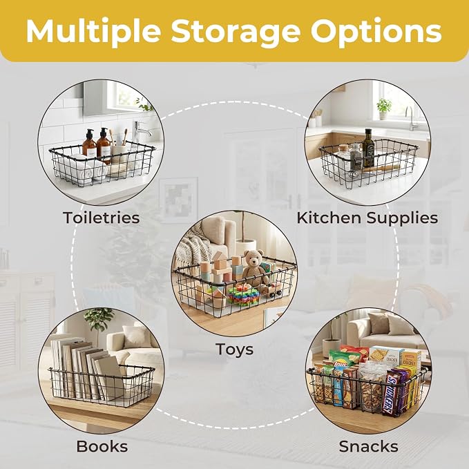 6PK Wire Baskets for Organizing, Baskets for Pantry Organization, Baskets for Snack, Fruits, Cans, Toys, Kitchen Cabinets, Closet Storage
