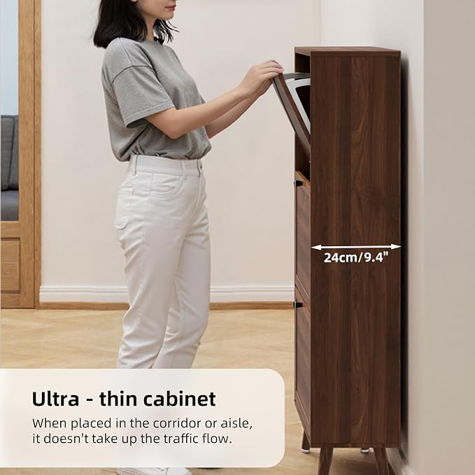 Fsbecl Shoe Storage Cabinet for Entryway with 3 Flip Drawers, Narrow Shoe Organizer with Fluted Panel, Freestanding Wood Hidden Shoe Cabinet for Hallway (Walnut, 23.6''W, Double Layer)
