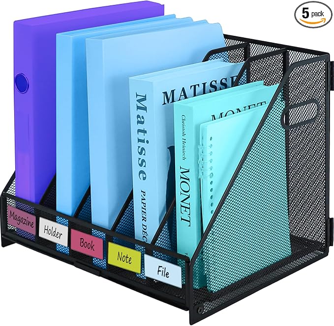 Desk Organizers Metal Magazine File Holder Racks Desktop Folder Storage Binder Organiser Document Organization for Home Office & Classroom,5 Vertical Compartments