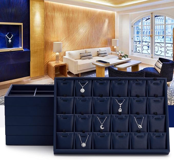 Oirlv Stackable 24 Gird Necklace Organizer Tray with Removable Jewelry Cards Necklace Pendant Jewelry Drawer Organizer Blue