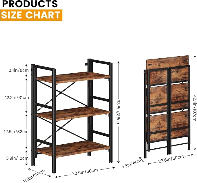 Homeiju Folding Bookshelf No Assembly, 3 Tier Bookcase Foldable Shelf with X-Bracket Design, Adjustable Feet, Space Saving Storage for Living Room, Office (Rustic Brown)