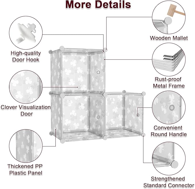C&AHOME Cube Storage Organizer with Doors, 3-Cube Shelves, DIY Plastic Modular Bookshelf, Closet Clothes Storage Shelving Ideal for Bedroom, Living Room, Clover Embossed, White