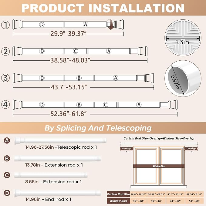 Adjustable Spring Curtain Rod 30-63 inch, Tension Curtain Rod No Drilling, Spring Loaded Curtain rods for Window Doorway Kitchen, White