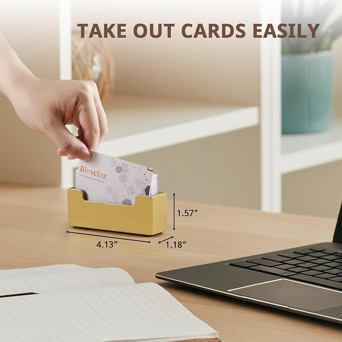 Bivvclaz Gold Business Card Holder Desk, Wood Business Card Organizer Desktop Business Card Display Stand for Office Tabletop Exhibition, Small Business Essentials