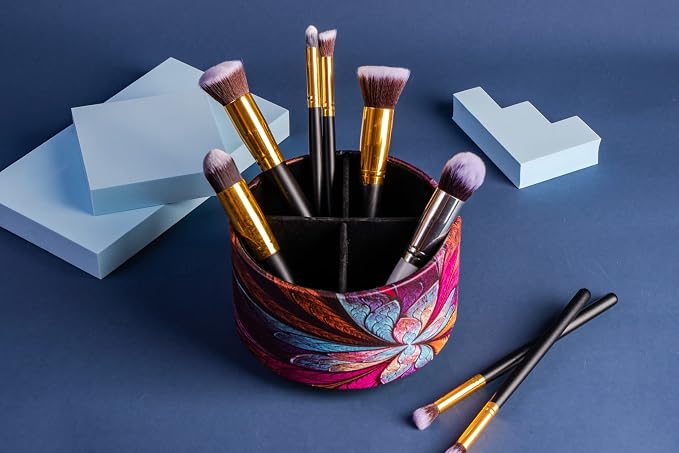Round Leather Art Supply Organizer,Remote Control Holder,360 Degree Rotating,Multi-Functional Pencil Holder,4 Compartments Desktop Stationary Organizer(1-Fractal Flower) | Round